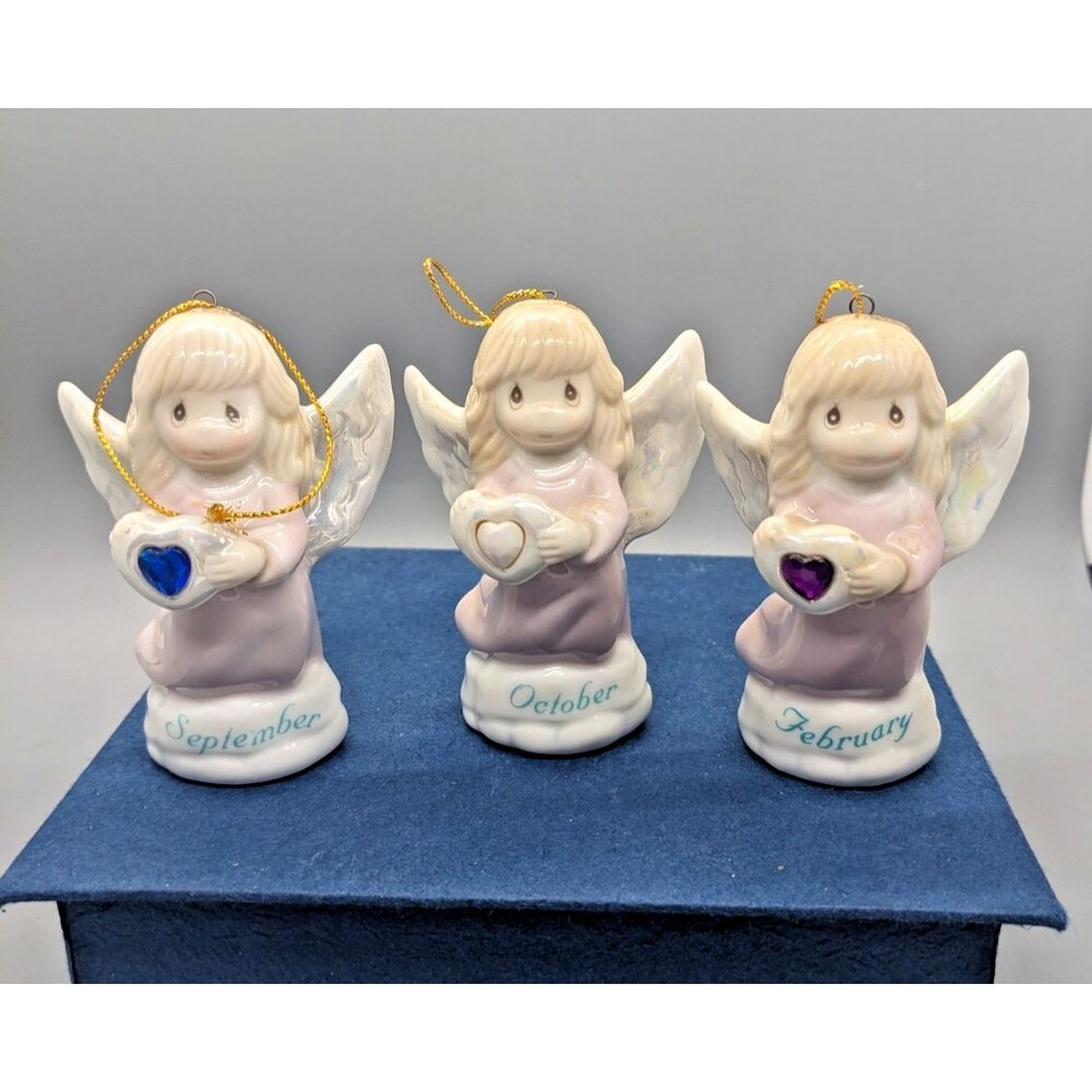 Avon Precious Moments Birthstone Angel Christmas Ornament Lot of 3 Sept Oct Feb